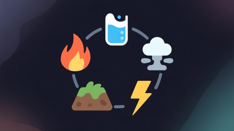 自动生成图片: Ilustrasi minimalis lima simbol elemen berbeda (api, air, tanah, udara, kilat) tersusun rapi dalam lingkaran, latar belakang gelap dengan aksen warna lembut, gaya desain bersih seperti diagram konsep game high quality illustration, detailed, 16:9