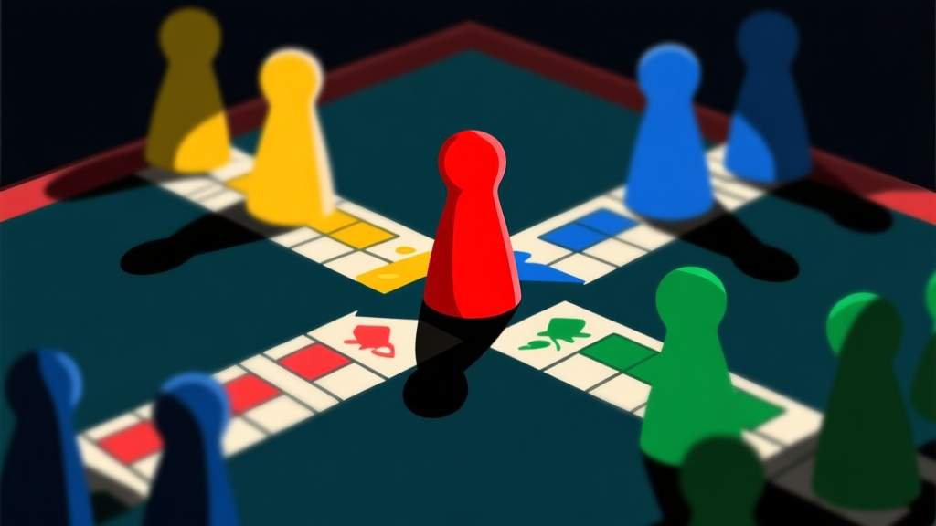 Ilustrasi papan permainan Ludo digital dengan fokus pada satu bidak berwarna merah yang terisolasi di tengah jalur, dikelilingi oleh bayangan bidak lawan berwarna kuning, biru, dan hijau yang mengancam. Gaya flat design dengan emosi cemas, palet warna gelap dengan aksen merah menyala. high quality illustration, detailed, 16:9