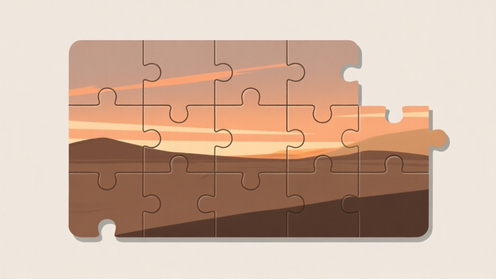 Ilustrasi konseptual sebuah puzzle yang hampir terselesaikan, menunjukkan potongan-potongan cerita yang bersatu membentuk gambar yang koheren, dengan warna tanah dan langit senja, gaya minimalis clean high quality illustration, detailed, 16:9