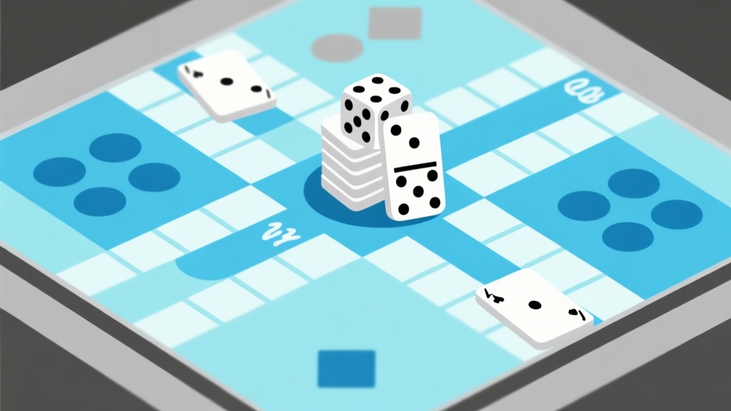 Ilustrasi abstrak papan permainan Ludo dengan dadu bersinar di tengah, ditumpuk dengan kartu domino, skema warna biru muda dan abu-abu, gaya minimalis bersih, konsep peluang dan keberuntungan dalam game high quality illustration, detailed, 16:9