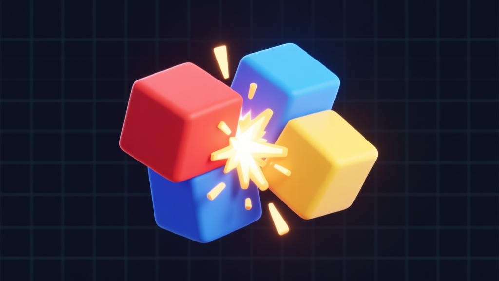 Ilustrasi 3D sederhana dari kubus-kubus berwarna (merah, biru, kuning) yang bertabrakan dan menghasilkan partikel cahaya, latar belakang gelap dengan grid transparan, gaya visual game puzzle yang bersih dan modern high quality illustration, detailed, 16:9