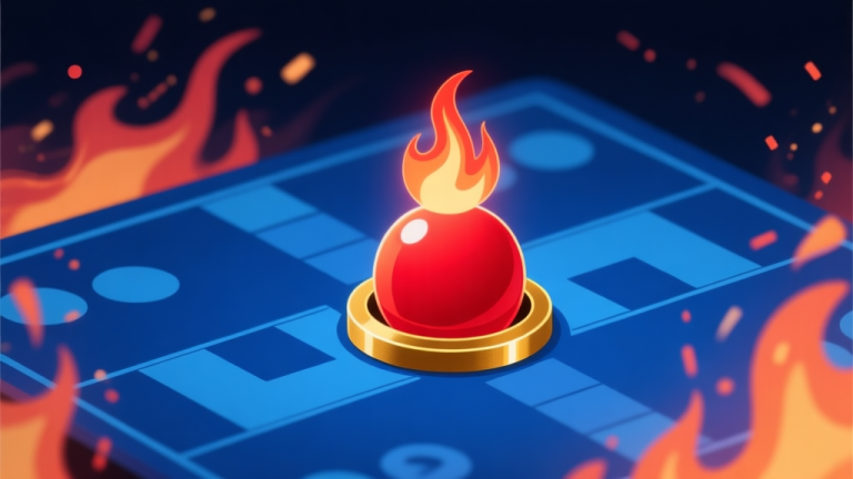 自动生成图片: Ilustrasi minimalis papan permainan Ludo digital dengan satu bidak berwarna merah menyala seperti bola api, dilingkari highlight emas, latar belakang biru gelap dengan efek partikel api abstrak, gaya clean dan modern high quality illustration, detailed, 16:9
