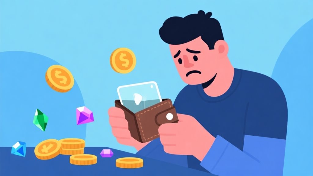 Ilustrasi digital minimalis seorang pemain game yang sedang melihat dompet virtualnya yang hampir kosong, dengan ikon koin dan permata berserakan, latar belakang biru lembut dengan nuansa cemas, gaya flat design high quality illustration, detailed, 16:9