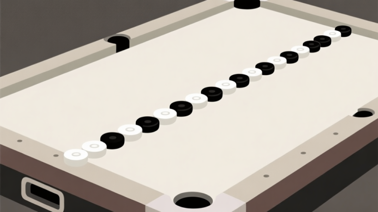 自动生成图片: Ilustrasi minimalis meja carrom dengan bidak-bidak hitam dan putih tersusun dalam garis lurus yang sempurna menuju lubang sudut, ditampilkan dari sudut pandang atas, warna netral dengan aksen lembut, gaya clean dan geometris high quality illustration, detailed, 16:9