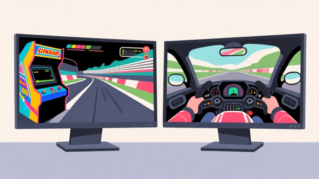 Ilustrasi grafis komputer yang menunjukkan dua layar monitor gaming berdampingan, satu menampilkan lintasan balap arcade yang penuh warna, dan satu lagi menampilkan simulator berkendara motor yang sangat realistik dengan tampilan dashboard dan pemandangan yang detail, gaya minimalis dengan fokus pada kontras konsep high quality illustration, detailed, 16:9