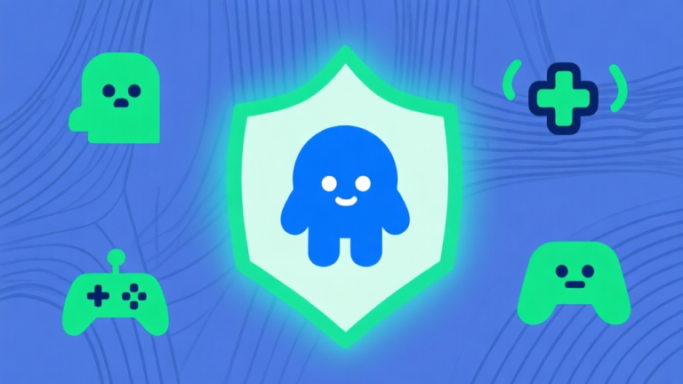 自动生成图片: Ilustrasi minimalis dengan beberapa ikon karakter game sederhana berwarna biru dan hijau, satu karakter di tengah dengan aura pelindung yang menyelimuti karakter lain, latar belakang abstrak dengan pola garis halus, gaya desain bersih dan modern high quality illustration, detailed, 16:9