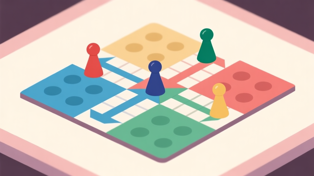 Ilustrasi papan permainan Ludo dengan empat pion berwarna berbeda terhalang oleh dua pion yang membentuk blokade di jalur, gaya minimalis dengan warna pastel lembut, komposisi clean dan geometris high quality illustration, detailed, 16:9