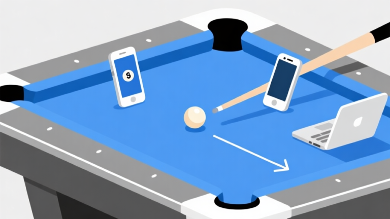 自动生成图片: Ilustrasi minimalis sebuah meja biliar dengan panah dan garis yang mengarah dari bola ke berbagai perangkat digital seperti laptop dan ponsel, skema warna biru dan abu-abu terang, desain bersih, gaya infografis bisnis high quality illustration, detailed, 16:9