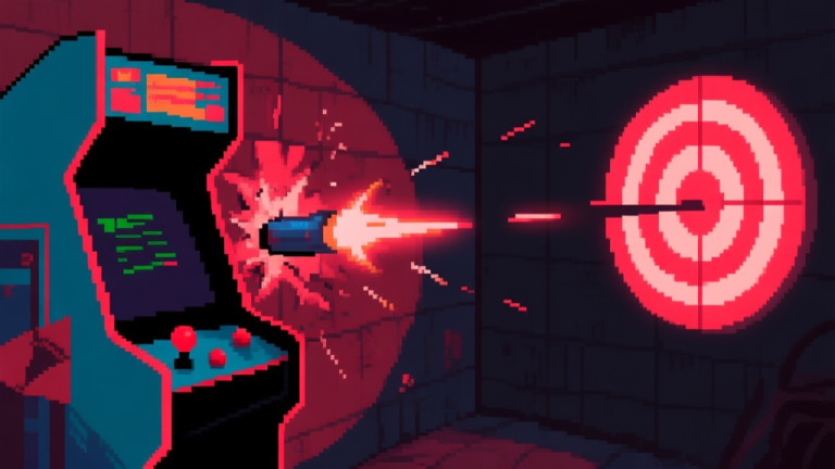 自动生成图片: Ilustrasi gaya game arcade yang menunjukkan proyektil memantul dari dinding dengan sudut yang tak terduga, meleset dari target. Warna neon redup pada latar gelap, gaya pixel art yang detail. high quality illustration, detailed, 16:9