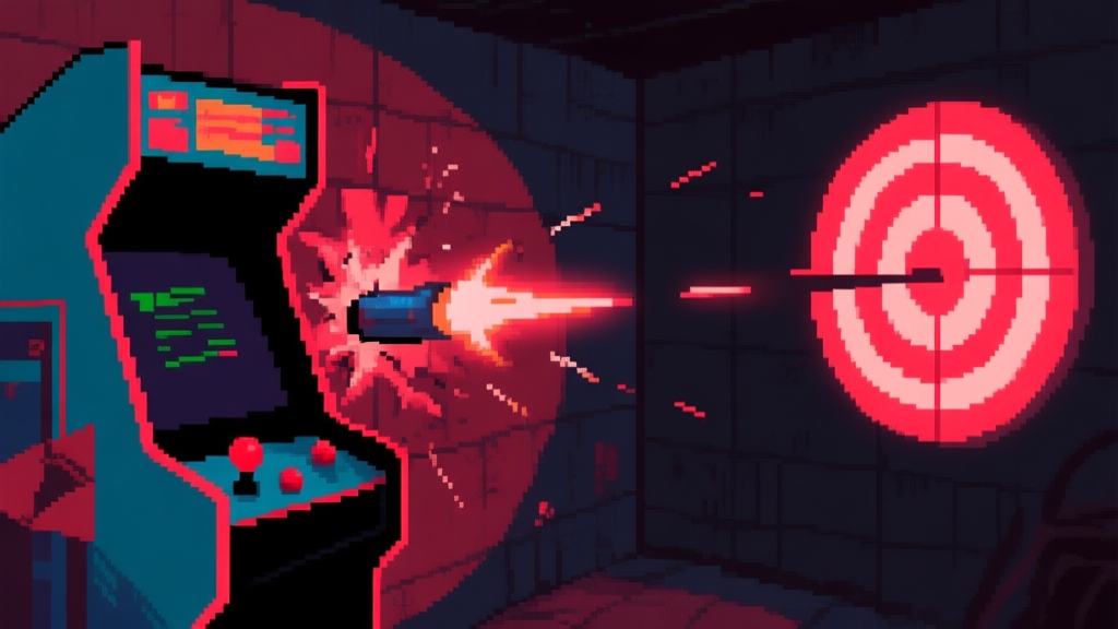 Ilustrasi gaya game arcade yang menunjukkan proyektil memantul dari dinding dengan sudut yang tak terduga, meleset dari target. Warna neon redup pada latar gelap, gaya pixel art yang detail. high quality illustration, detailed, 16:9