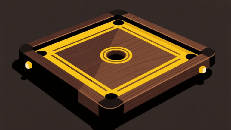 自动生成图片: Ilustrasi minimalis papan carrom dengan sorotan pada garis kuning di sekitar lubang sudut, skema warna kayu gelap dan kuning, desain bersih, gaya presentasi instruksional high quality illustration, detailed, 16:9