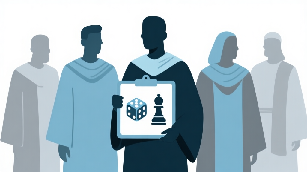 Ilustrasi minimalis beberapa siluet orang dengan jubah toga sederhana, salah satunya memegang papan tulis dengan ikon game seperti dadu dan pion, warna pastel soft biru dan abu-abu, gaya clean dan modern high quality illustration, detailed, 16:9