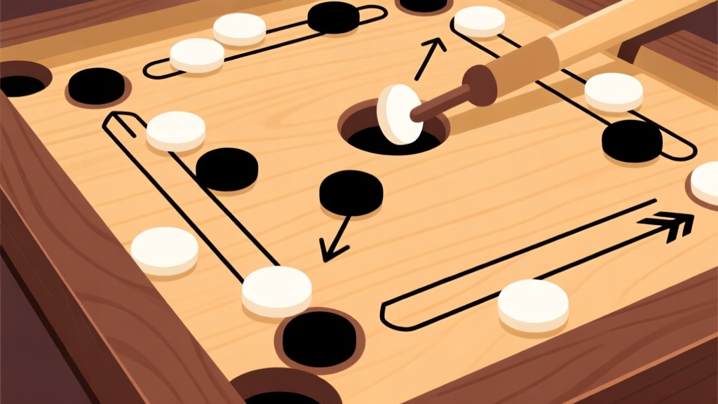 Ilustrasi papan Carrom dengan bidak hitam dan putih tersebar. Striker pemain (berwarna kontras) berada dalam posisi melindungi sebuah bidak yang sangat dekat dengan lubang sudut. Tampak garis panah imajiner menunjukkan blokade terhadap jalur lawan, gaya ilustrasi clean vector, skema warna kayu papan carrom yang realistis dengan bidak berwarna solid. high quality illustration, detailed, 16:9