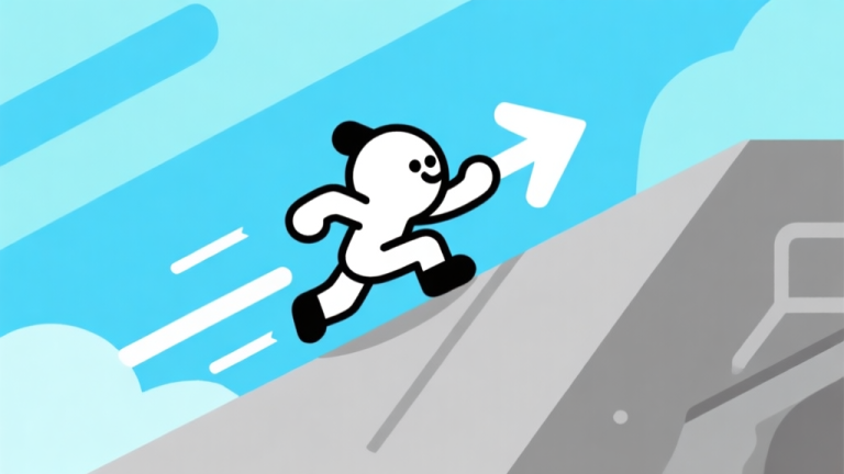 自动生成图片: Ilustrasi diagram gaya sederhana pada karakter game kartun yang sedang meluncur di tanjakan, panah menunjukkan arah kecepatan dan gravitasi, skema warna biru muda dan abu-abu, desain minimal bersih, gaya infografis game high quality illustration, detailed, 16:9