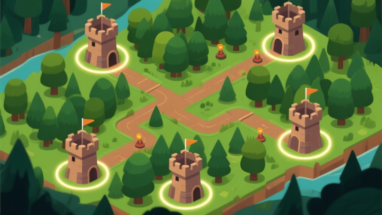 自动生成图片: Ilustrasi peta game Tower Defense bertema hutan, dengan beberapa jalur berkelok yang bercabang, area padat pepohonan, dan posisi strategis untuk menara ditandai dengan lingkaran cahaya, gaya seni game strategi modern, warna hijau dan cokelat dominan high quality illustration, detailed, 16:9