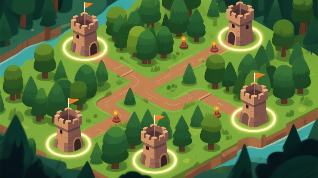 Ilustrasi peta game Tower Defense bertema hutan, dengan beberapa jalur berkelok yang bercabang, area padat pepohonan, dan posisi strategis untuk menara ditandai dengan lingkaran cahaya, gaya seni game strategi modern, warna hijau dan cokelat dominan high quality illustration, detailed, 16:9