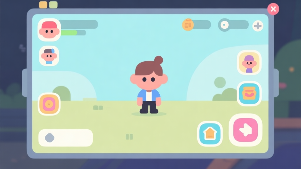 Ilustrasi antarmuka game yang bersih dan minimalis, menunjukkan layar karakter dengan beberapa ikon kustomisasi di sekitarnya, skema warna pastel lembut, gaya desain game yang sederhana high quality illustration, detailed, 16:9