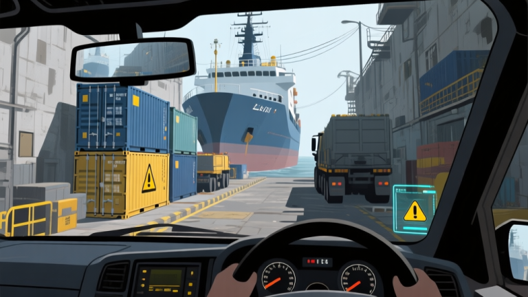 自动生成图片: Ilustrasi gaya game dari area galangan kapal yang sempit dan berantakan, dengan kontainer tinggi, kendaraan besar, dan jalur sempit. Tampilan dari sudut pandang pengemudi, dengan kaca spion virtual yang menunjukkan titik buta. Warna dominan abu-abu, biru baja, dan aksen kuning peringatan, desain realistik game simulasi high quality illustration, detailed, 16:9