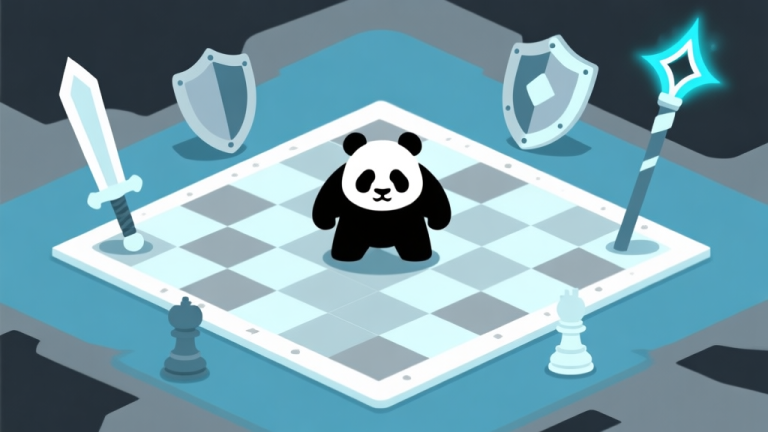 自动生成图片: Ilustrasi konseptual karakter game strategi dengan siluet panda di tengah papan catur abstrak, dikelilingi ikon pedang, perisai, dan staf sihir. Skema warna biru muda dan abu-abu, gaya minimalis bersih, menampilkan ketegangan strategis. high quality illustration, detailed, 16:9