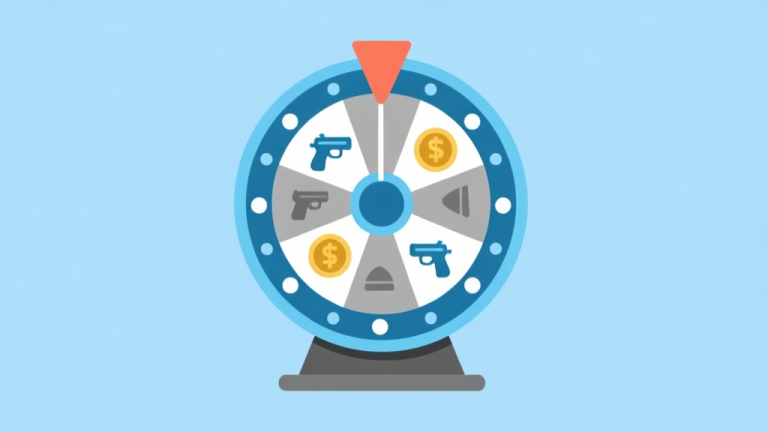 自动生成图片: Ilustrasi minimalis dari roda spin game dengan ikon senjata dan mata uang game, skema warna biru muda dan abu-abu, desain bersih, gaya infografis high quality illustration, detailed, 16:9