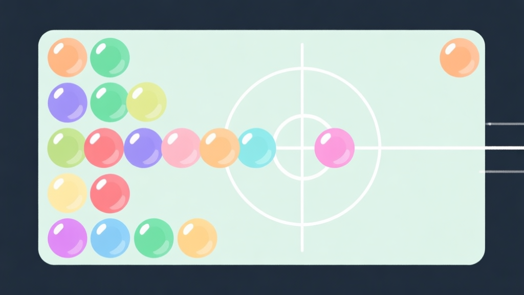 Ilustrasi minimalis dari layar game bubble shooter dengan gelembung warna-warni yang tersusun rapi, skema warna pastel yang lembut, desain bersih dan sederhana, fokus pada geometri lingkaran dan garis bidikan high quality illustration, detailed, 16:9