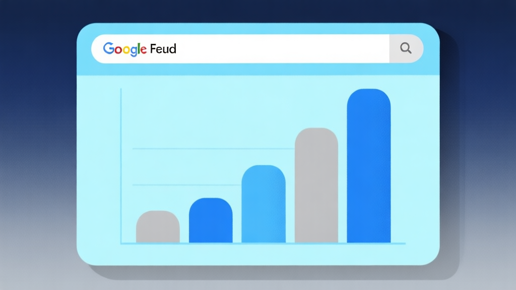 Ilustrasi minimalis layar game Google Feud dengan bilah pencarian dan grafik batang yang abstrak, skema warna biru muda dan abu-abu, desain bersih, gaya infografis digital high quality illustration, detailed, 16:9
