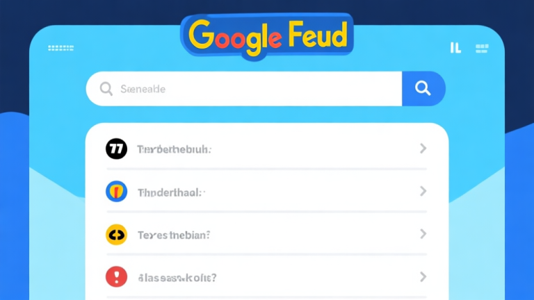 自动生成图片: Ilustrasi minimalis layar game Google Feud dengan bilah pencarian dan beberapa saran tebakan yang populer, skema warna biru muda dan putih, desain bersih, gaya infografis digital high quality illustration, detailed, 16:9