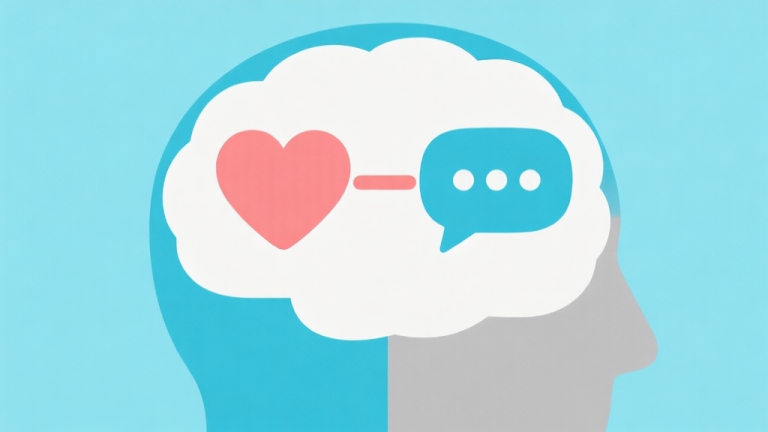自动生成图片: Ilustrasi sederhana pikiran manusia dengan ikon hati dan ikon pesan chat yang saling tarik menarik, skema warna pastel biru muda dan abu-abu, desain minimalis bersih, gaya infografis psikologi modern high quality illustration, detailed, 16:9