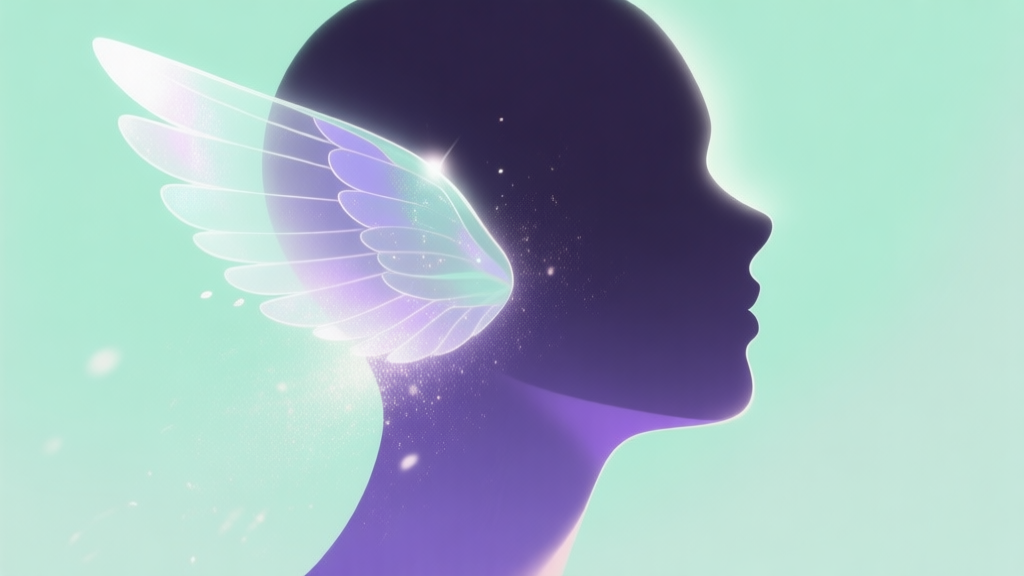 Komposisi abstrak dengan siluet wajah yang disinari cahaya lembut dan elemen seperti sayap transparan dan debu berkilauan, skema warna pastel hijau dan ungu, gaya minimalis modern, ilustrasi konsep fantasi digital high quality illustration, detailed, 16:9