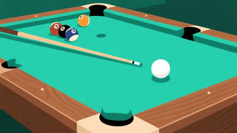 自动生成图片: Ilustrasi minimalis meja billiard dengan beberapa bola di dekat lubang, satu bola putih terlihat bergerak menuju lubang, warna dominan hijau toska dan coklat kayu, gaya clean vector, komposisi sederhana high quality illustration, detailed, 16:9