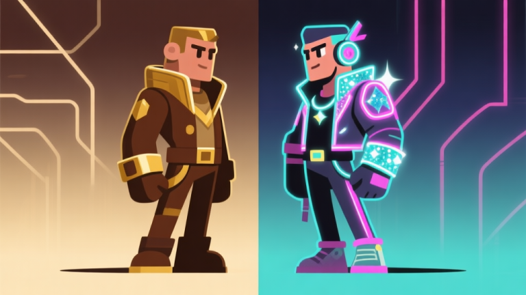 自动生成图片: Ilustrasi dua avatar game berdiri berhadapan, satu dengan desain klasik minimalis bernuansa cokelat dan emas tua, satunya dengan gaya modern neon dan aksesori berkilauan, latar belakang abstrak dengan garis-garis yang memisahkan kedua gaya, clean vector art high quality illustration, detailed, 16:9