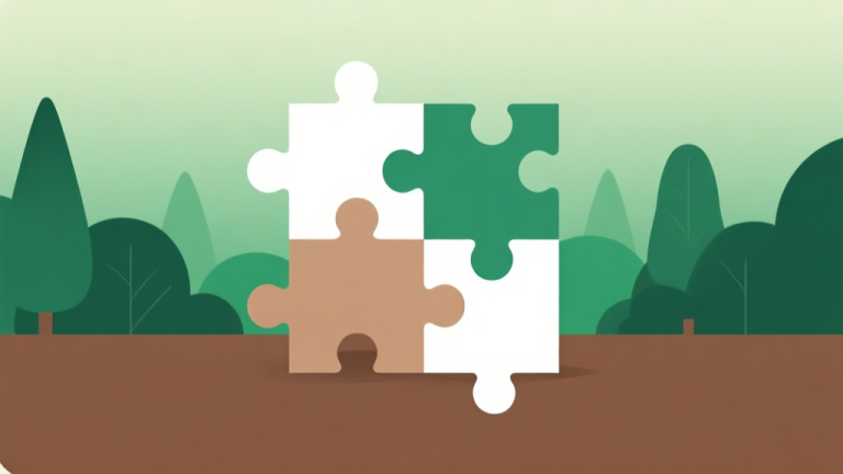 自动生成图片: Ilustrasi minimalis dengan ikon puzzle yang sedang tersusun, latar belakang gradien lembut hijau hutan dan coklat tanah, gaya clean dan profesional, konsep solusi dan penyelesaian high quality illustration, detailed, 16:9