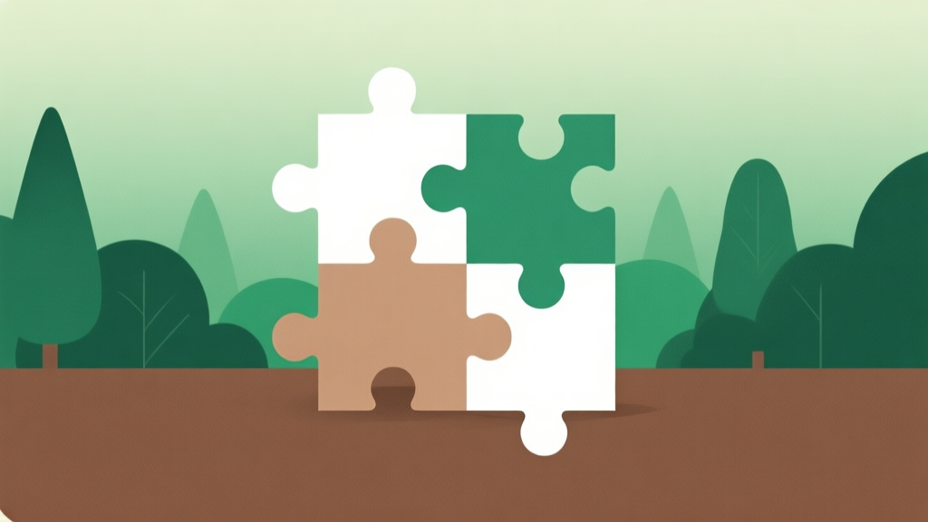 Ilustrasi minimalis dengan ikon puzzle yang sedang tersusun, latar belakang gradien lembut hijau hutan dan coklat tanah, gaya clean dan profesional, konsep solusi dan penyelesaian high quality illustration, detailed, 16:9