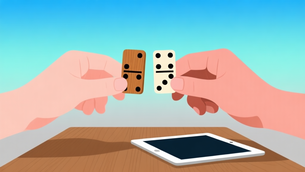 Ilustrasi abstrak dua tangan memegang domino, satu tangan dengan domino kayu tradisional di atas meja kayu, tangan lain dengan domino digital di atas layar tablet, latar belakang gradien biru muda dan abu-abu, gaya minimalis bersih high quality illustration, detailed, 16:9