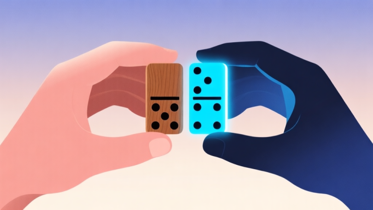 自动生成图片: Ilustrasi abstrak dua tangan memegang set domino yang berbeda, satu dengan desain klasik kayu dan satu dengan cahaya digital biru, latar belakang gradien lembut, gaya minimalis modern yang menunjukkan kontras antara tradisional dan modern high quality illustration, detailed, 16:9
