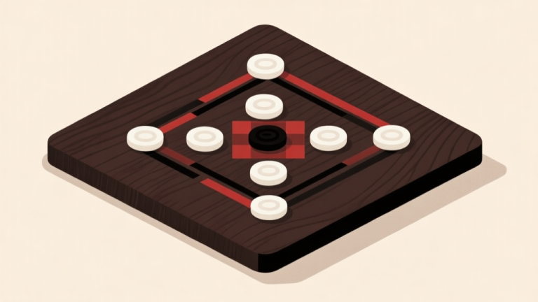 自动生成图片: Komposisi minimalis bidak Carrom (putih, hitam, merah) tersusun di atas papan kayu gelap dengan pola geometris sederhana, cahaya lembut menyoroti tekstur kayu, gaya ilustrasi datar yang bersih high quality illustration, detailed, 16:9