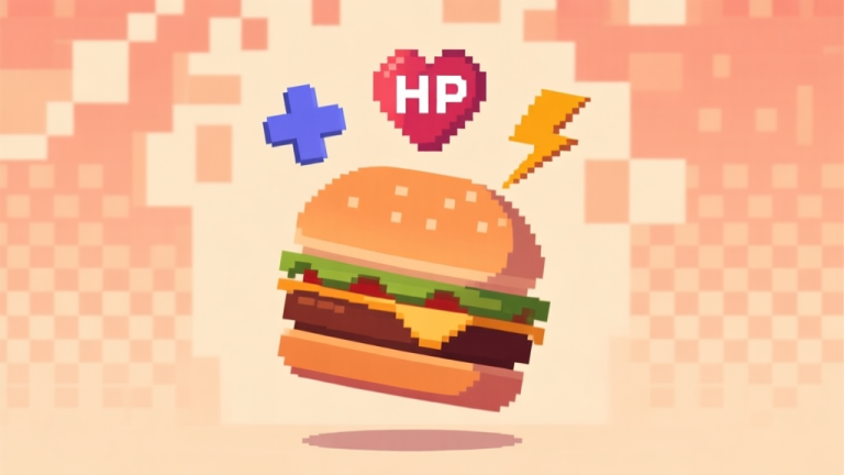 自动生成图片: Ilustrasi konseptual burger dengan ikon plus (+), hati (HP), dan petir (stamina) melayang di atasnya, latar belakang abstrak dengan pola pixel halus, skema warna hangat dan lembut, gaya minimalis game high quality illustration, detailed, 16:9