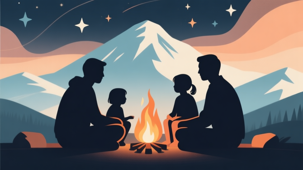 Ilustrasi minimalis keluarga siluet duduk melingkar di sekitar api unggun digital, dengan latar belakang pemandangan gunung dan bintang-bintang abstrak, nuansa warna hangat dan dingin yang seimbang, gaya desain bersih dan modern high quality illustration, detailed, 16:9