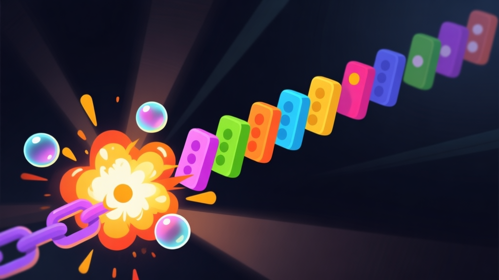 Ilustrasi game Zuma dengan efek chain reaction sedang terjadi, gelembung berwarna-warni meledak berurutan seperti domino, latar belakang gelap dengan sorotan pada titik awal reaksi, gaya seni digital yang bersih dan dinamis high quality illustration, detailed, 16:9