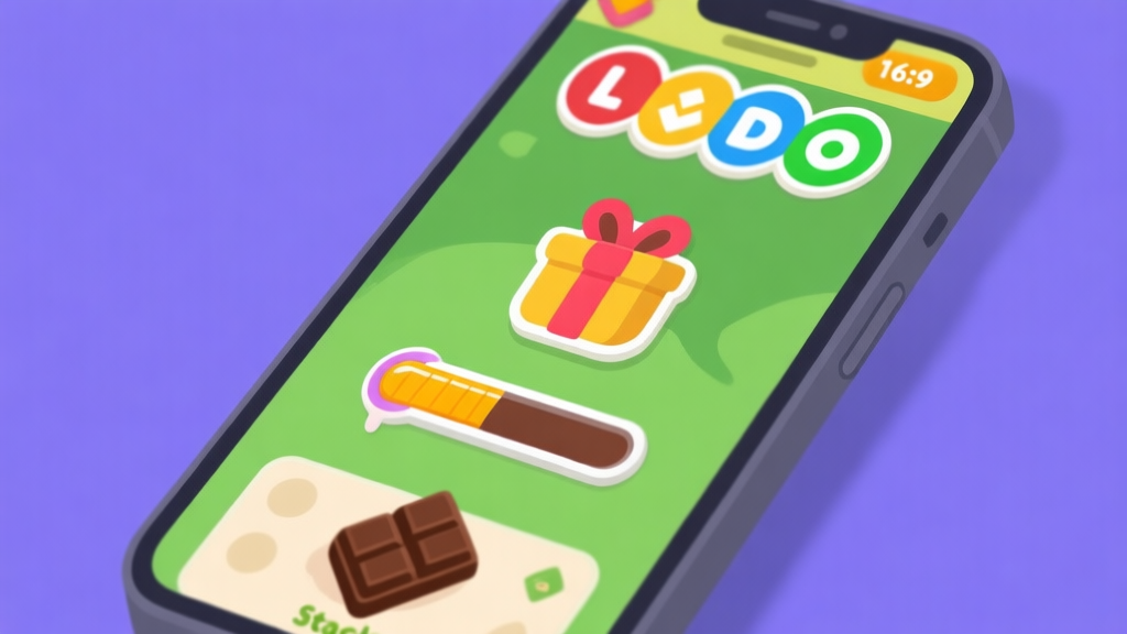 Ilustrasi layar ponsel dengan game Ludo yang sedang dimainkan, fokus pada ikon hadiah cokelat dan stamina bar yang hampir habis, gaya flat design yang bersih dengan warna-warna cerah namun tidak terlalu mencolok high quality illustration, detailed, 16:9