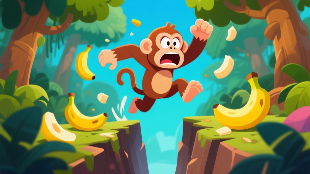 Ilustrasi kartun karakter monyet seperti Banana Kong yang sedang melompati jurang sempit di hutan, dengan ekspresi panik, gaya game mobile yang cerah dan ramai, ada pisang berserakan dan pohon-pohon di latar belakang high quality illustration, detailed, 16:9