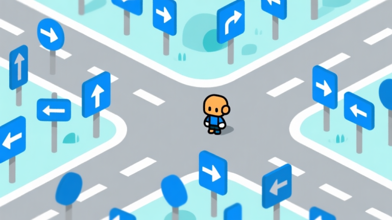 自动生成图片: Ilustrasi abstrak seorang karakter game kecil berdiri di persimpangan jalan dengan banyak tanda panah yang membingungkan, skema warna biru muda dan abu-abu, desain minimalis bersih, gaya konsep puzzle high quality illustration, detailed, 16:9