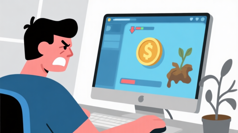 自动生成图片: Ilustrasi digital minimalis seorang pemain game sedang menatap layar komputer dengan ekspresi frustrasi, di layar terlihat ikon uang game menurun dan tanaman layu, skema warna biru muda dan abu-abu, gaya flat design yang bersih high quality illustration, detailed, 16:9