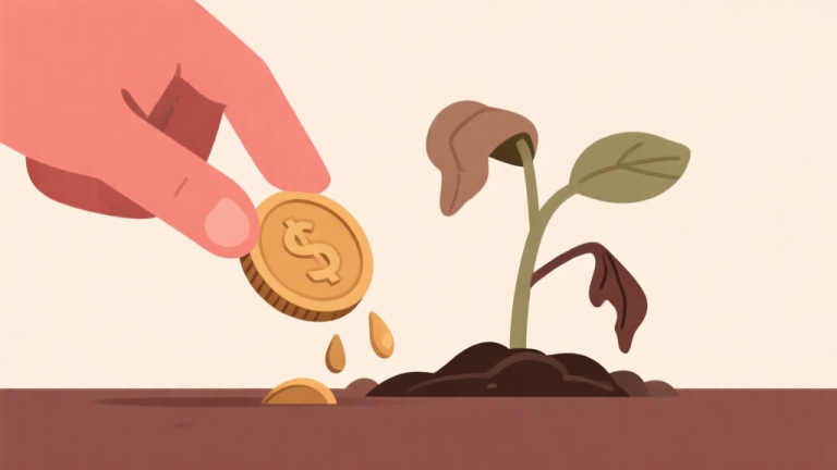 自动生成图片: Ilustrasi grafis minimalis dengan ikon koin jatuh di sebelah bibit tanaman yang layu, skema warna earth tone yang redup, desain bersih, menggambarkan konsep kegagalan manajemen keuangan awal high quality illustration, detailed, 16:9