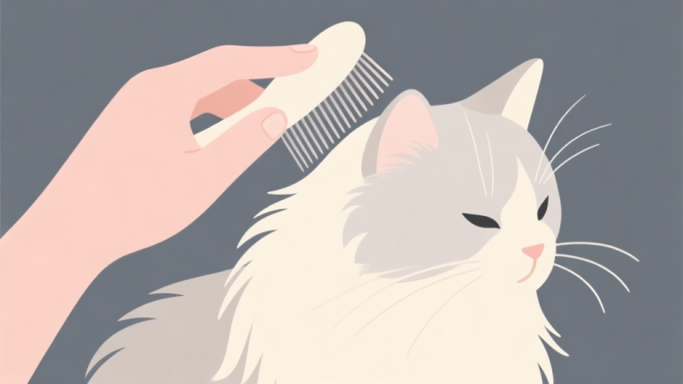 自动生成图片: Ilustrasi minimalis tangan dengan lembut menyisir bulu kucing yang halus, palet warna pastel lembut seperti krem dan abu-abu muda, suasana tenang dan penuh perhatian, gaya ilustrasi vektor yang bersih high quality illustration, detailed, 16:9