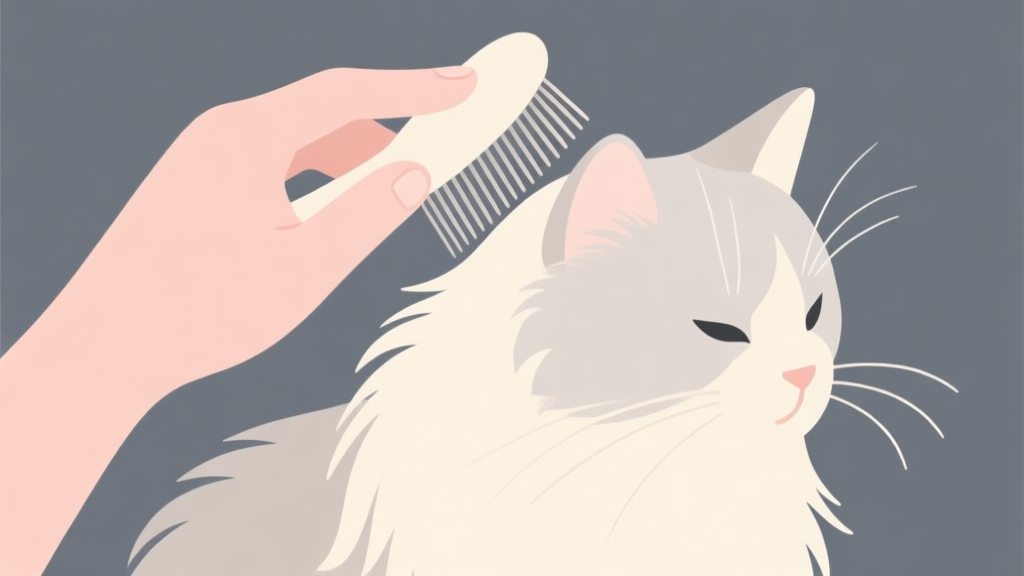 Ilustrasi minimalis tangan dengan lembut menyisir bulu kucing yang halus, palet warna pastel lembut seperti krem dan abu-abu muda, suasana tenang dan penuh perhatian, gaya ilustrasi vektor yang bersih high quality illustration, detailed, 16:9