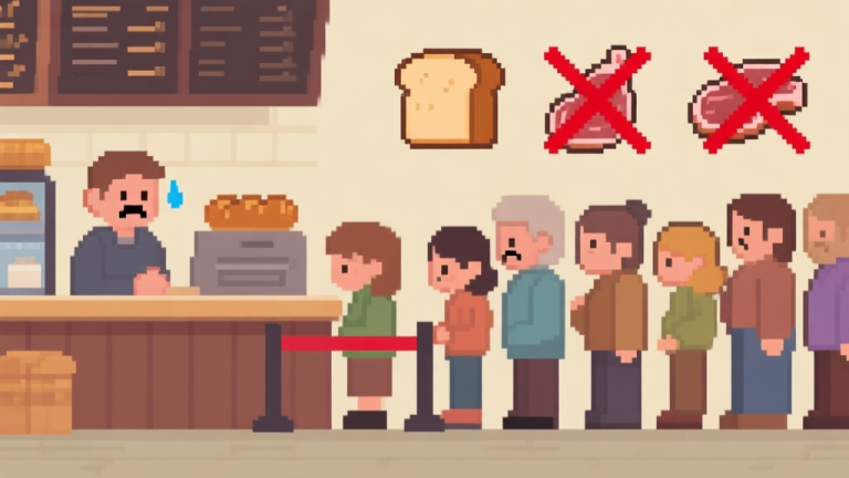 自动生成图片: Ilustrasi game simulasi kafe dengan antrian pelanggan pixel art yang terlihat kecewa, dan ikon stok bahan seperti roti dan daging dengan tanda silang merah, gaya minimalis dengan palette warna earth tone high quality illustration, detailed, 16:9