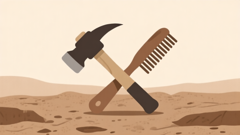 自动生成图片: Ilustrasi minimalis dengan ikon palu dan sikat arkeologi bersilang di atas latar belakang tanah bertekstur, skema warna earth tone yang lembut, desain bersih dan informatif, gaya infografis high quality illustration, detailed, 16:9