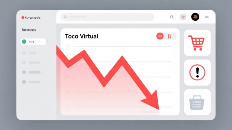 自动生成图片: Ilustrasi minimalis dari dashboard toko virtual dengan grafik garis merah menukik tajam ke bawah, latar belakang abu-abu muda, beberapa ikon keranjang belanja dan tanda seru, gaya desain bersih dan datar high quality illustration, detailed, 16:9