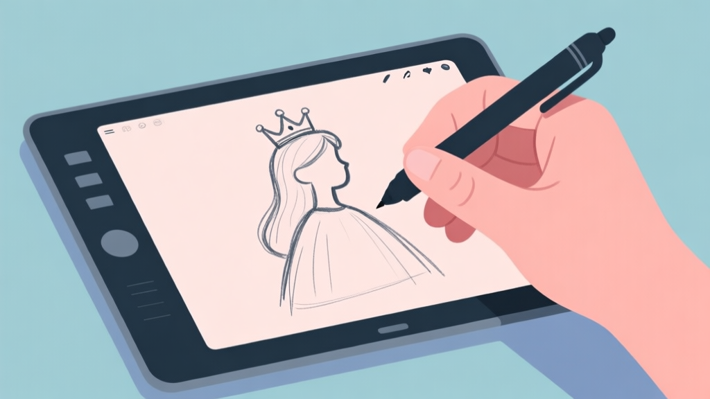 Ilustrasi konsep awal desain: tangan menggenggam pena stylus di atas tablet grafis, dengan sketsa kasar mahkota dan siluet putri di layar, skema warna pastel lembut, gaya minimalis bersih high quality illustration, detailed, 16:9